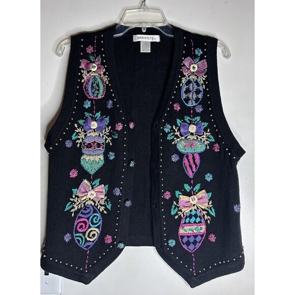 Christmas Vest Beaded Embroidered Ornaments By Arriviste Black Multi Size Medium - Picture 4 of 12